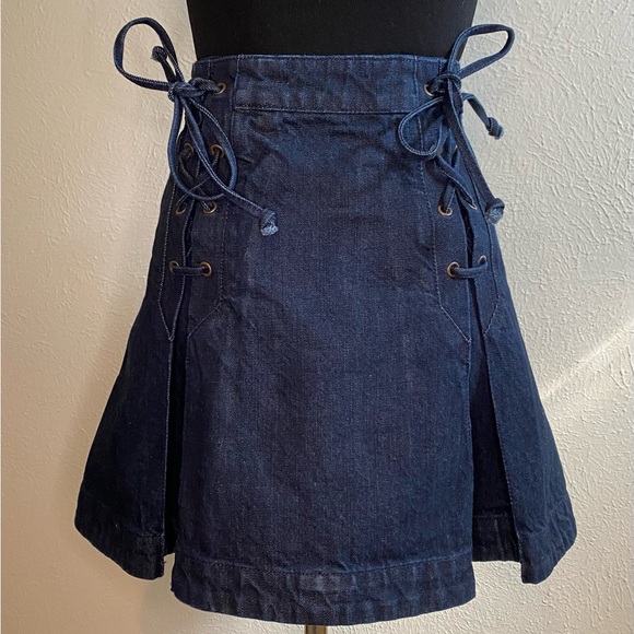 Free People Pleated Denim Mini Skirt Lace Up Size 4 - Picture 2 of 12